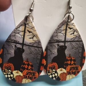 Halloween Cat and Pumpkin Teardrop Earrings